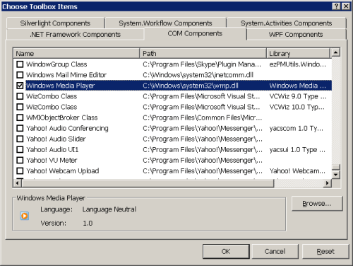 Figure 3 - Adding WMP Control to the Toolbox Figure 3 - Adding WMP Control to the Toolbox